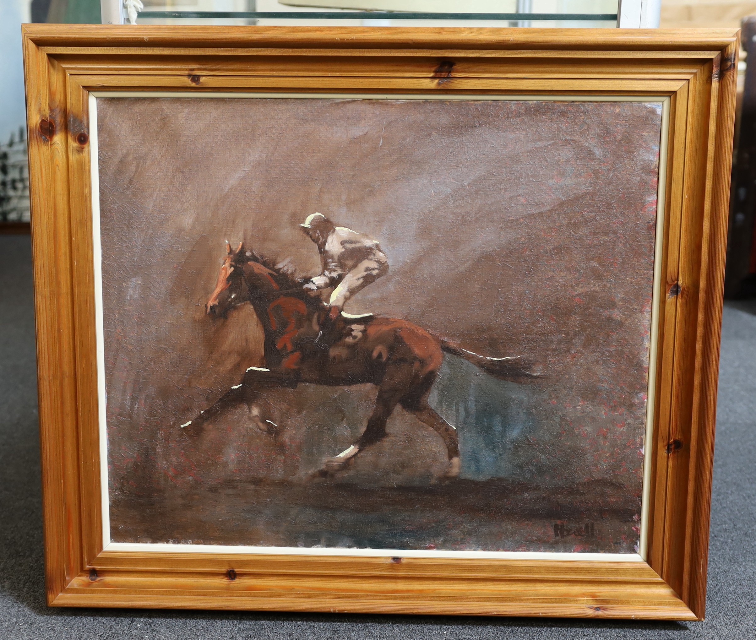 Peter Howell (b.1932), Sketch of a racehorse and jockey, oil on canvas, 50 x 60cm